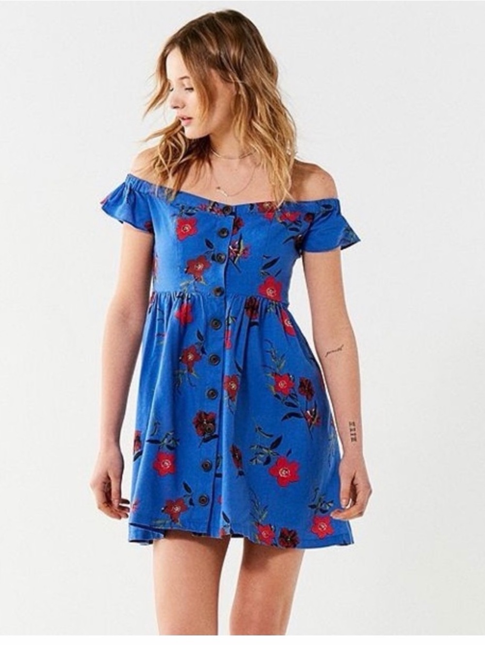 Urban Outfitters Blue Floral Off-Shoulder Amelie Mini Dress